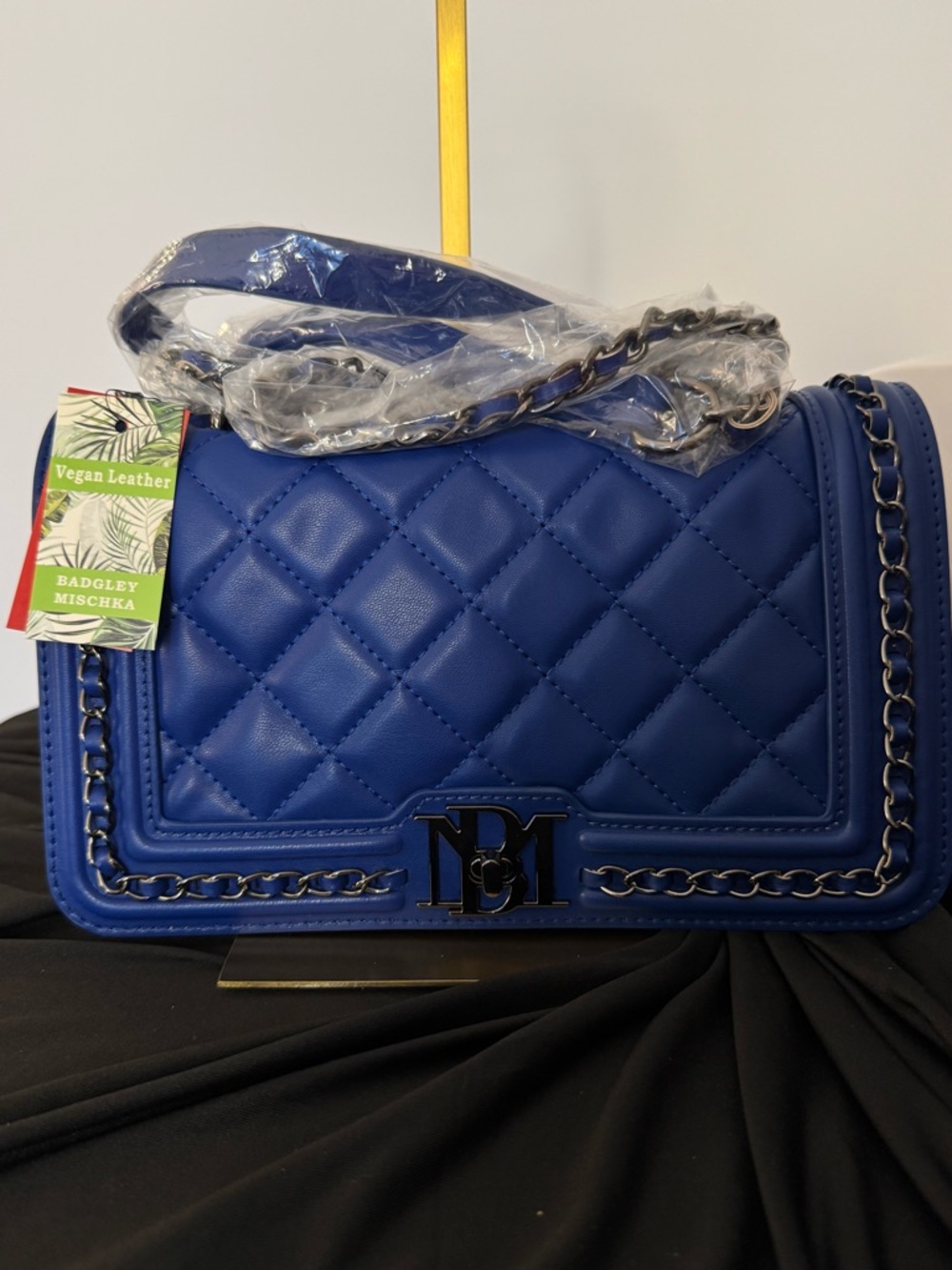 Badgley Mischka Blue Quilted Vegan Leather Chain Strap Handbag NWT